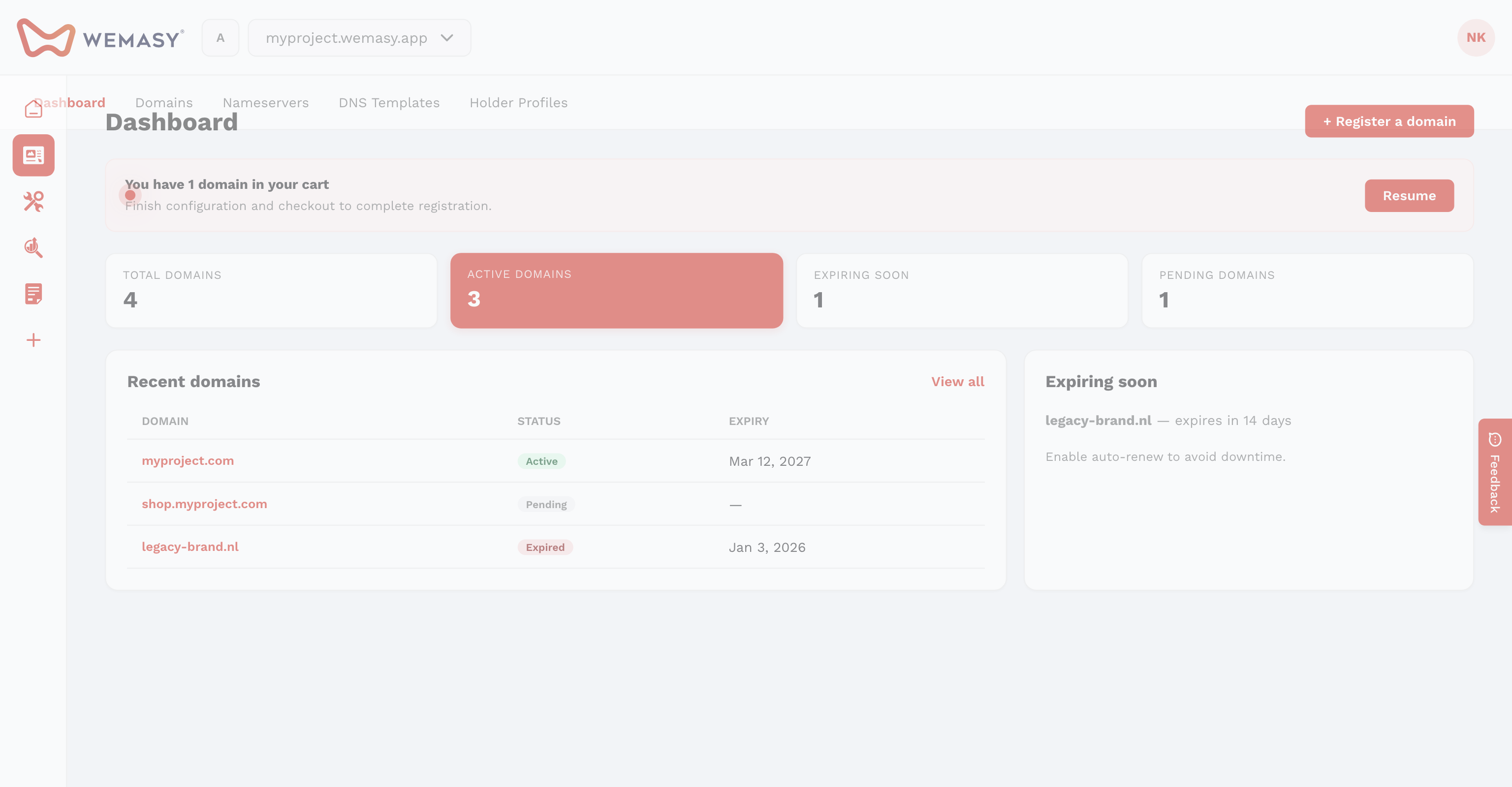 Het WEMASY-dashboard met een melding over de systeemstatus