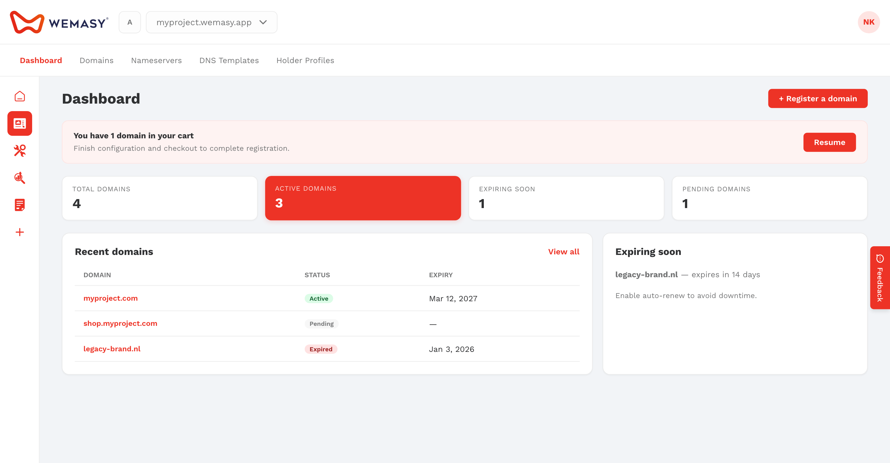 Het dashboard Domeinen van WEMASY