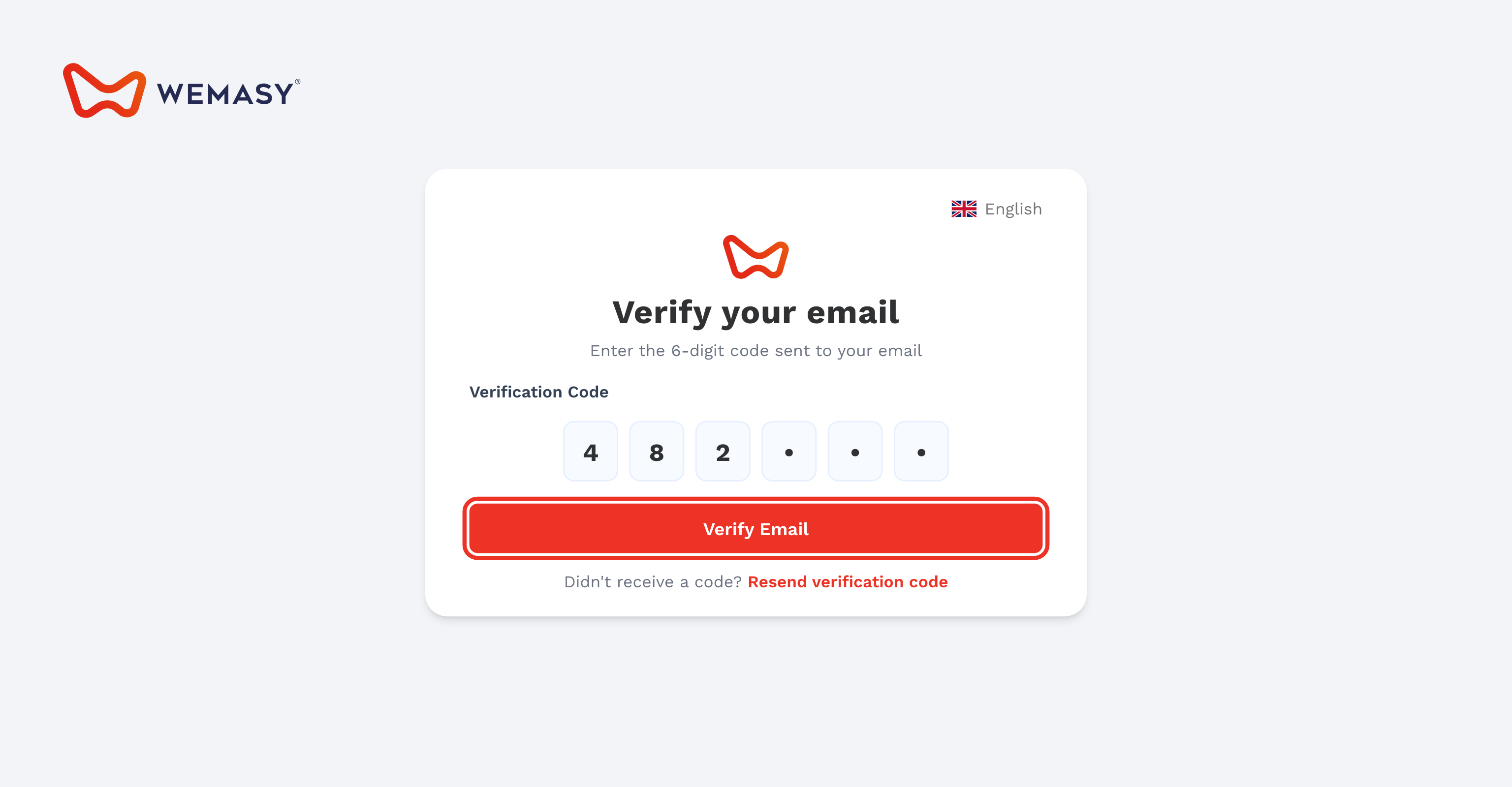 Het scherm van WEMASY om je e-mailadres te verifiëren