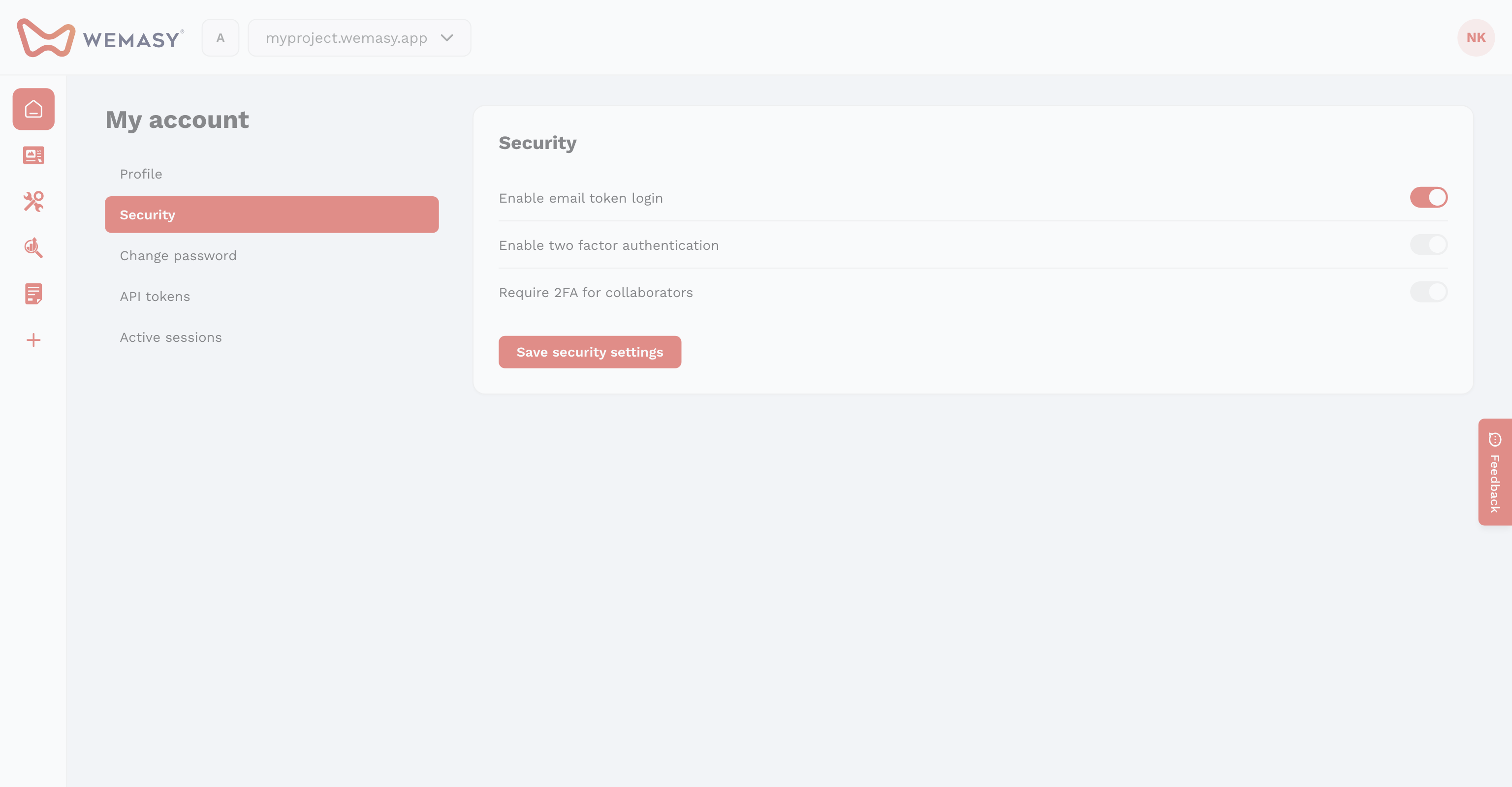 Het scherm met API-tokens in WEMASY