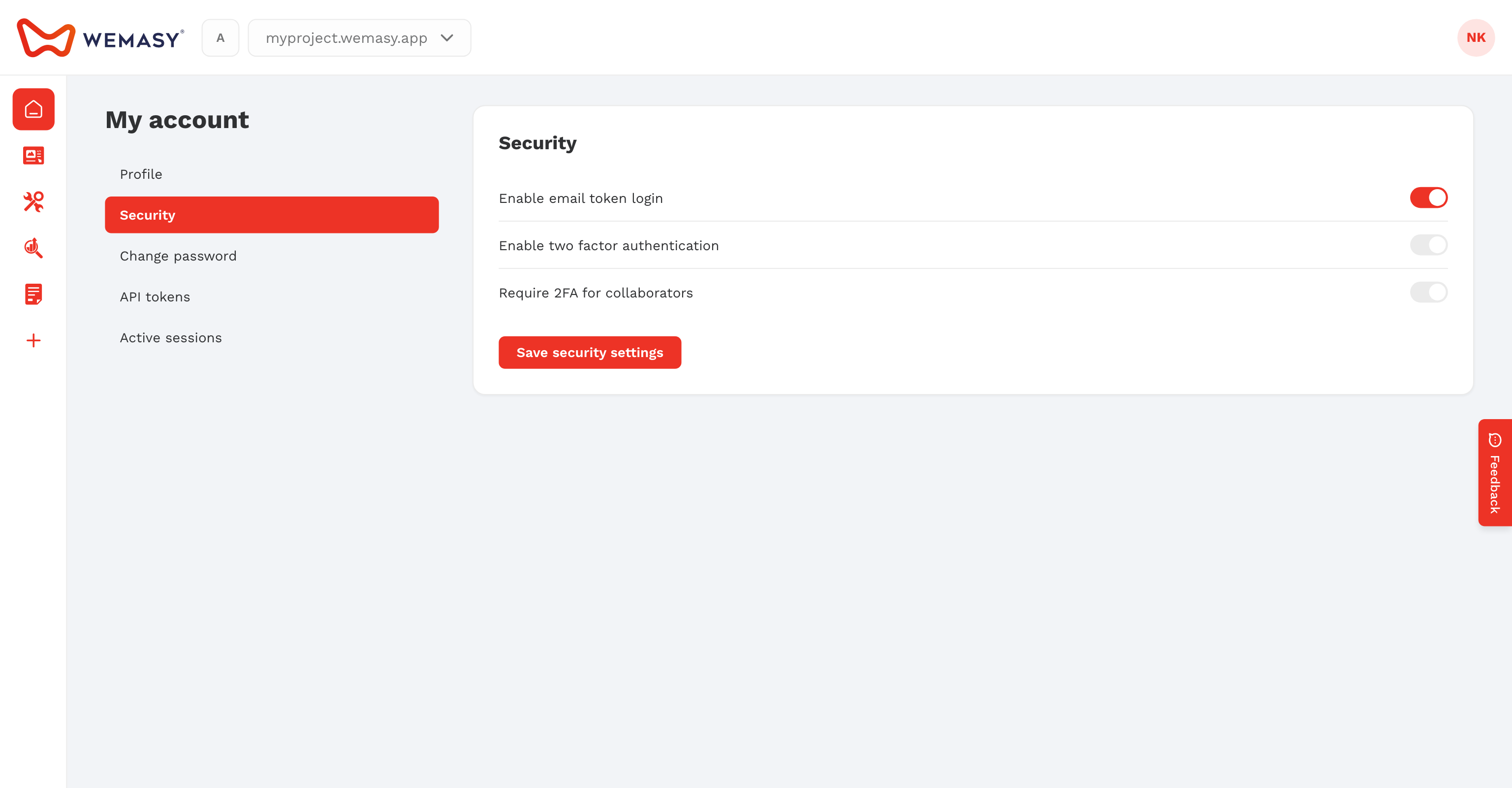 Het scherm met beveiligingsinstellingen van je WEMASY-account