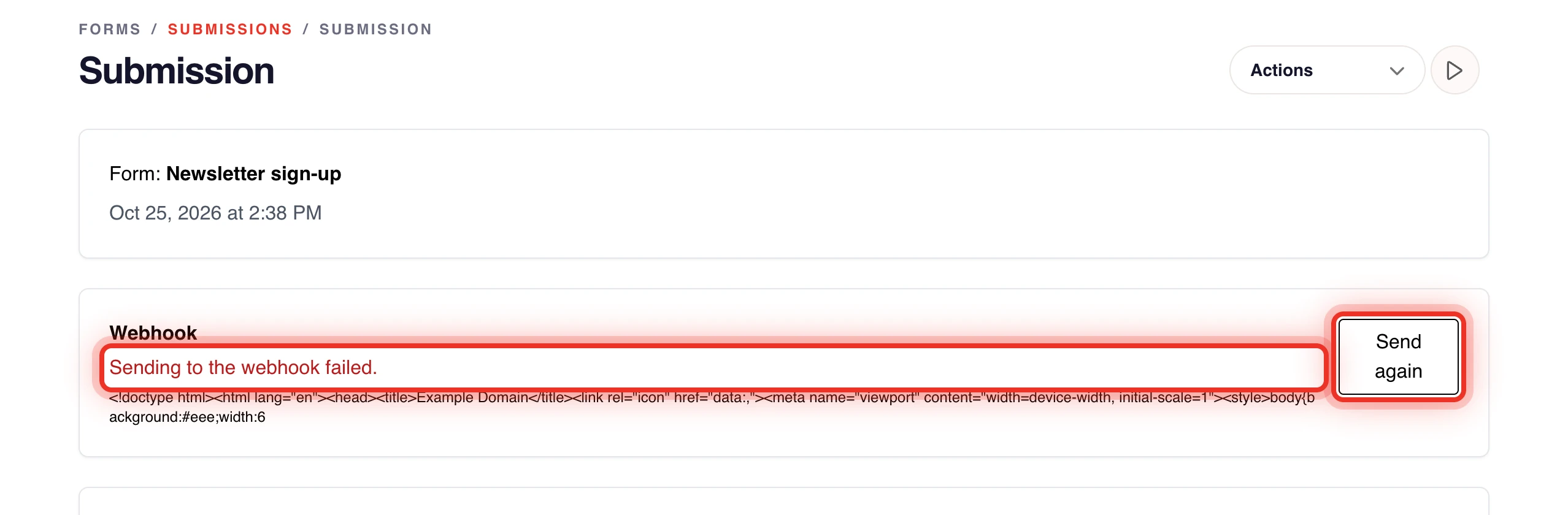 Een inzending waarvan de webhook is mislukt, met de knop Opnieuw versturen