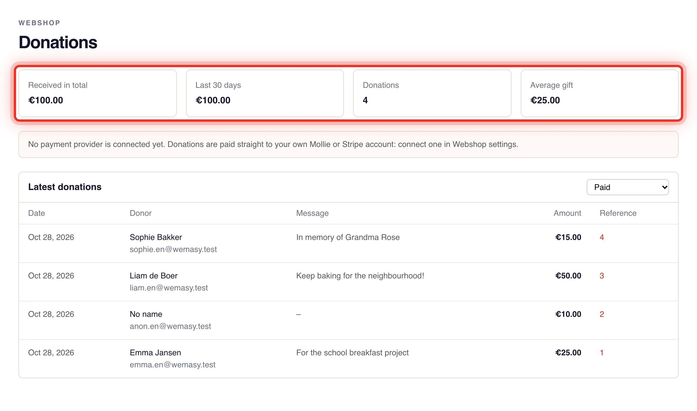 Het overzicht Donaties in de WEMASY Webshop met de totalen en de laatste donaties