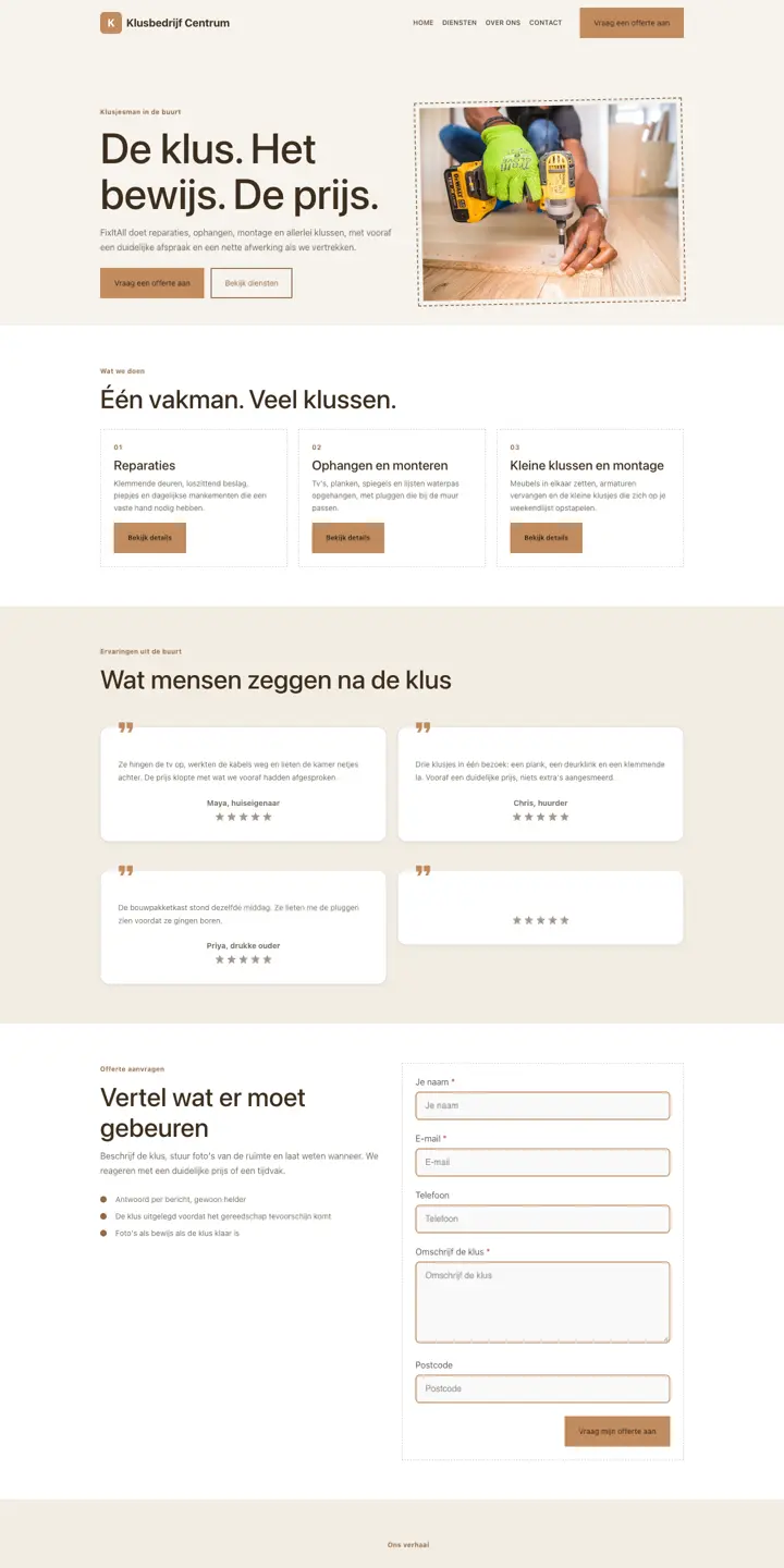 Voorbeeld van een website voor een klusbedrijf