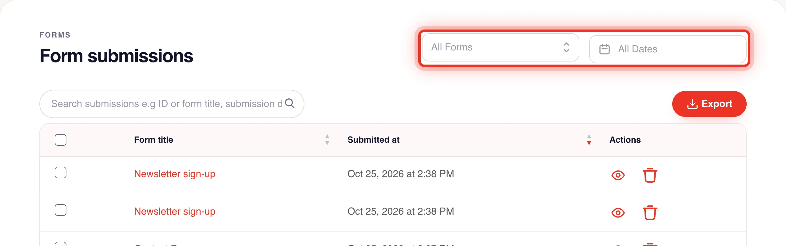 De filters Alle formulieren en Alle datums van de lijst met inzendingen