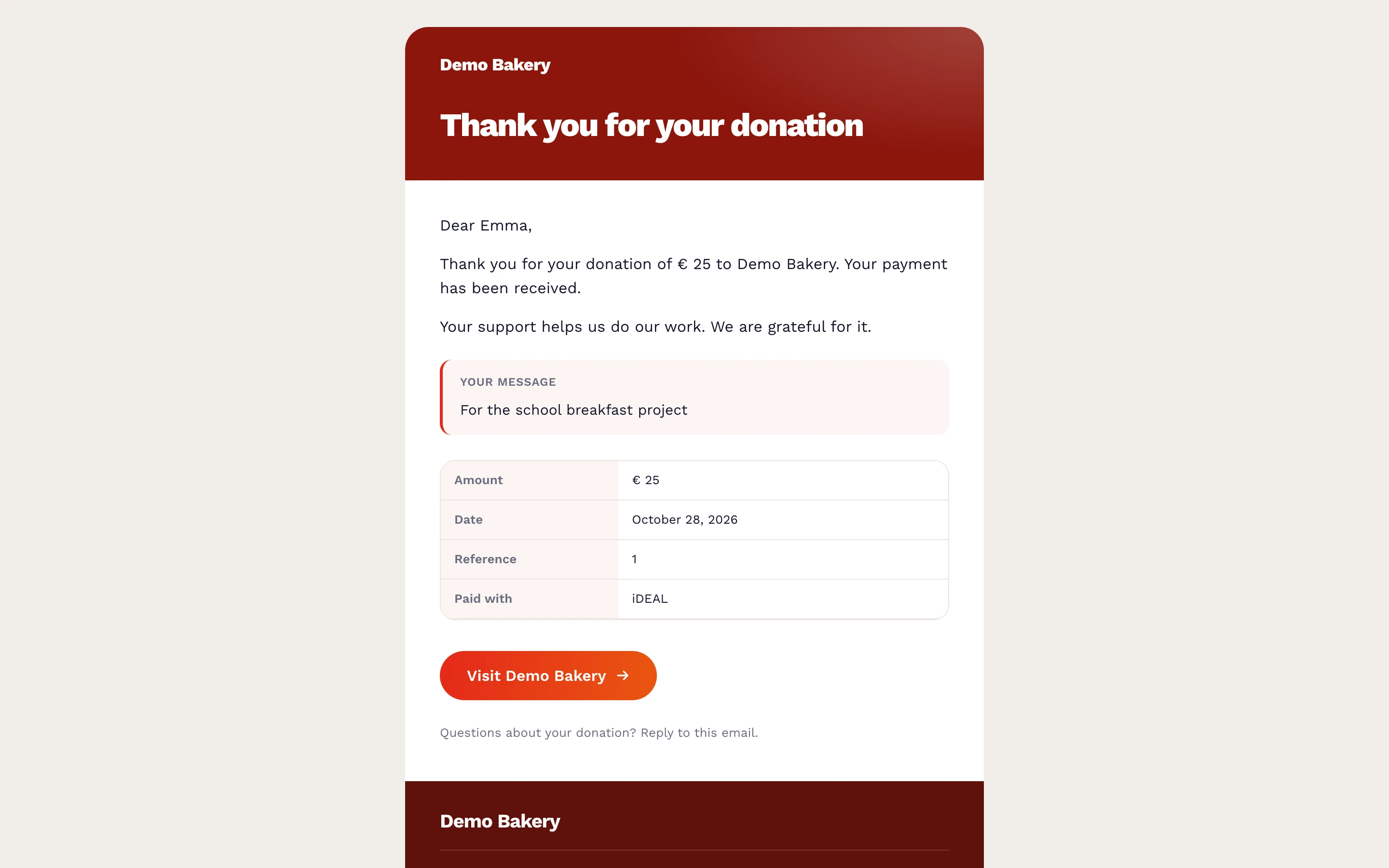 De bedankmail die een donateur ontvangt met het bedrag, de datum en de referentie