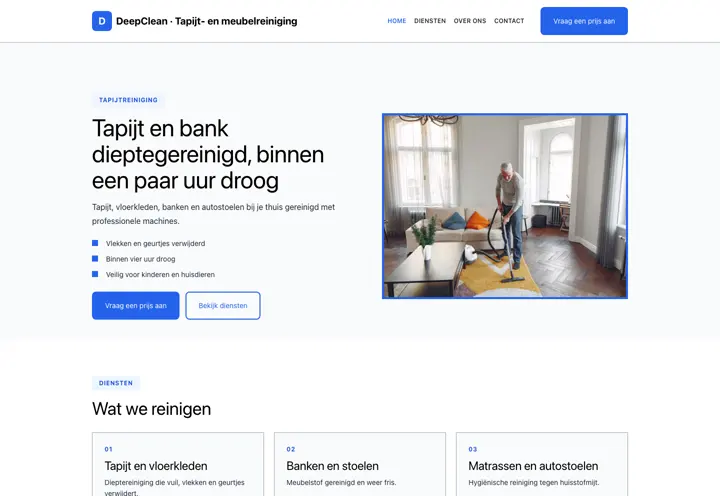 Voorbeeld van thema DeepClean voor tapijt- en meubelreiniging