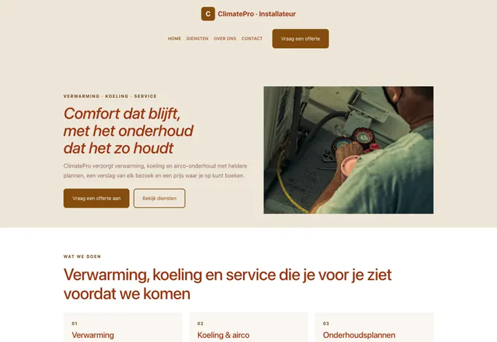 Voorbeeld van thema ClimatePro voor installateur verwarming en airco